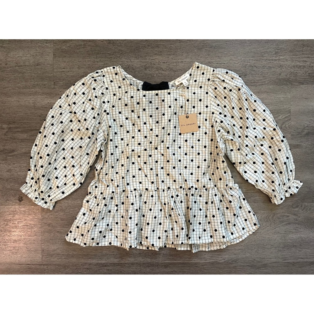 NWT Blu Pepper‎ Plaid Polka Dot Peplum Blouse Womens Size S Black Bow Back